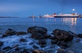 ÃÂ Passenger ferries in the port at dusk at sunset, Heraklion, Crete, Greece Royalty Free Stock Photo